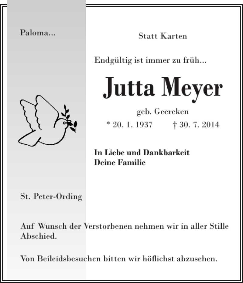 Traueranzeige für Jutta Meyer vom 02.08.2014 aus Husumer Nachrichten