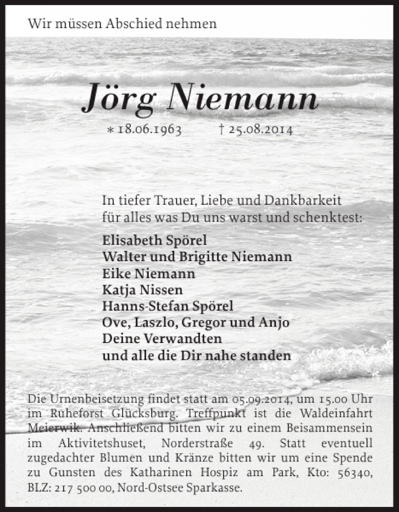  Traueranzeige für Jörg Niemann vom 30.08.2014 aus Flensburger Tageblatt