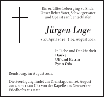 Traueranzeige von Jürgen Lage von Landeszeitung