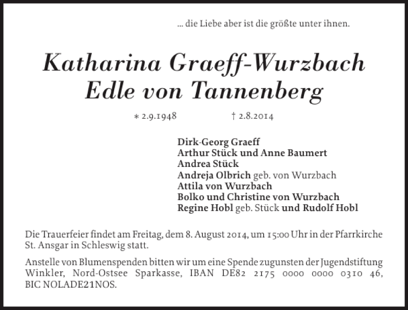  Traueranzeige für Katharina Graeff-Wurzbach Edle von Tannenberg vom 06.08.2014 aus Schleswiger Nachrichten