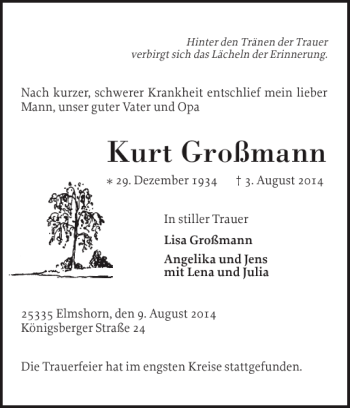 Traueranzeige von Kurt Großmann von Elmshorner Nachrichten