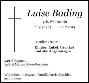Traueranzeige von Luise Bading von Schlei-Bote