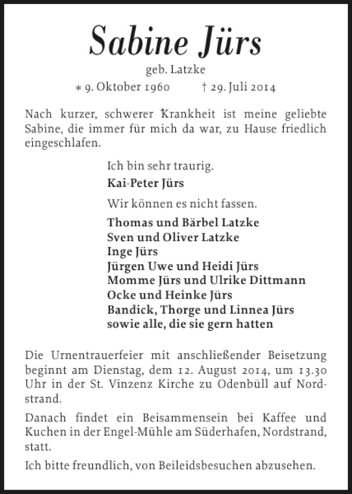 Traueranzeige für Sabine Jürs vom 06.08.2014 aus Husumer Nachrichten