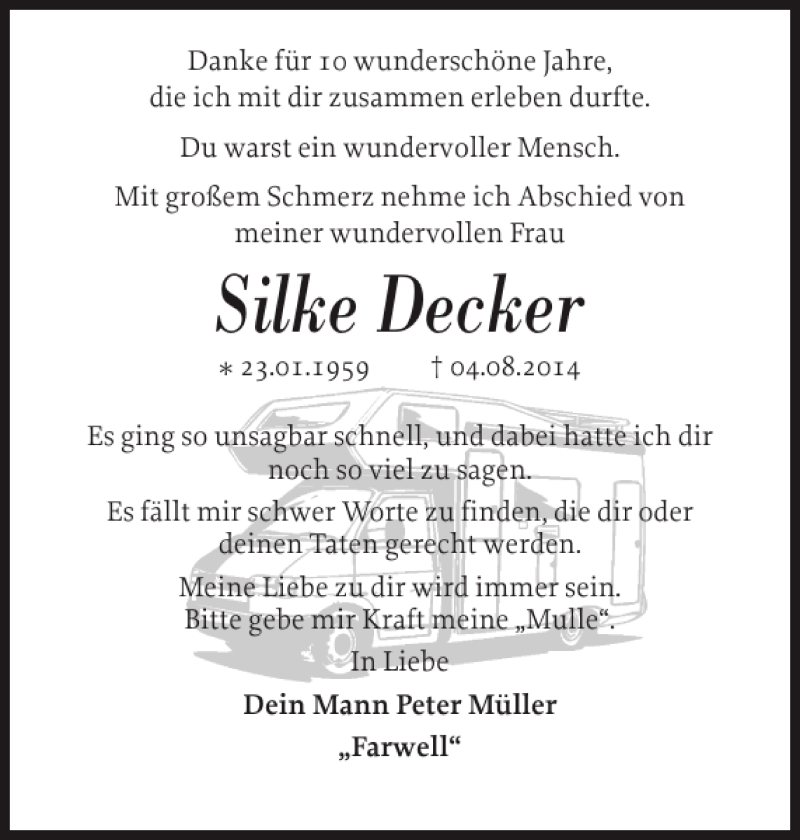  Traueranzeige für Silke Decker vom 07.08.2014 aus Sylter Rundschau
