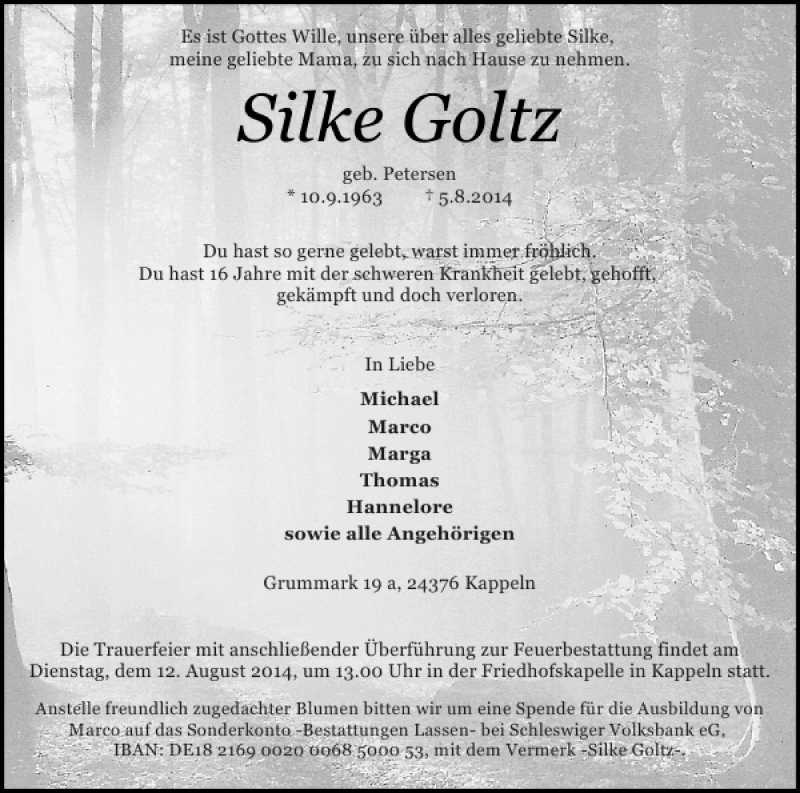  Traueranzeige für Silke Goltz vom 08.08.2014 aus Schlei-Bote