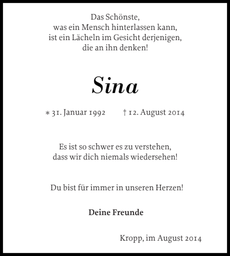  Traueranzeige für Sina  vom 16.08.2014 aus Schleswiger Nachrichten