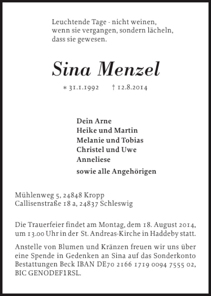  Traueranzeige für Sina Menzel vom 16.08.2014 aus Schleswiger Nachrichten