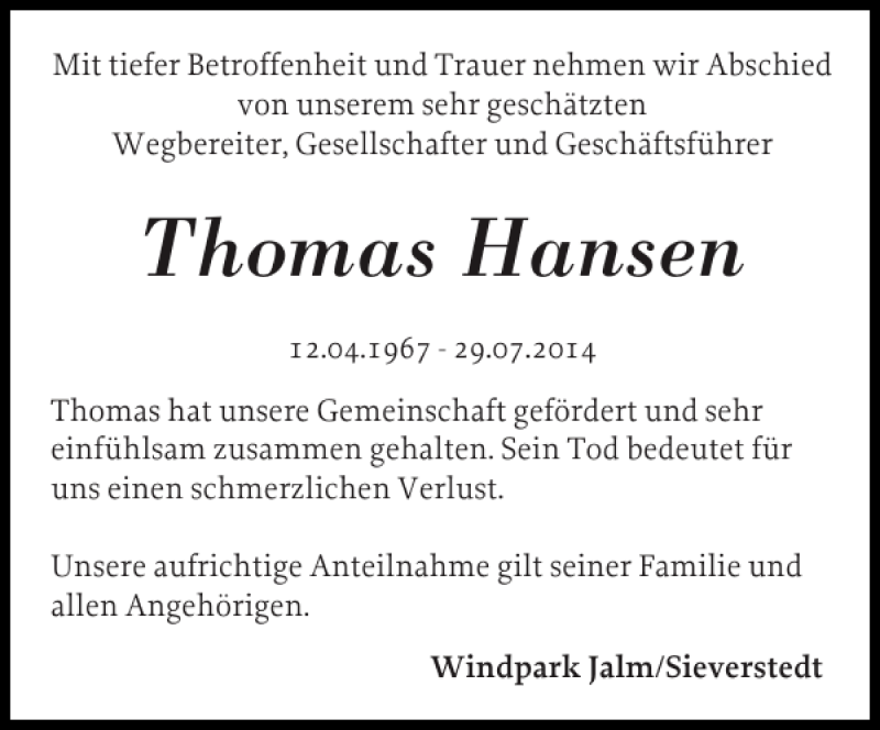  Traueranzeige für Thomas Hansen vom 02.08.2014 aus Flensburger Tageblatt