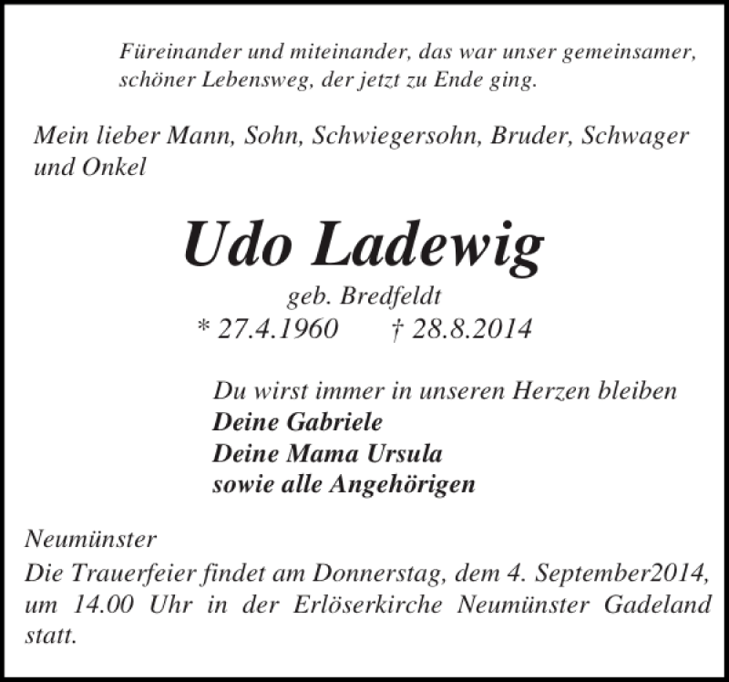  Traueranzeige für Udo Ladewig vom 30.08.2014 aus Holsteinischer Courier