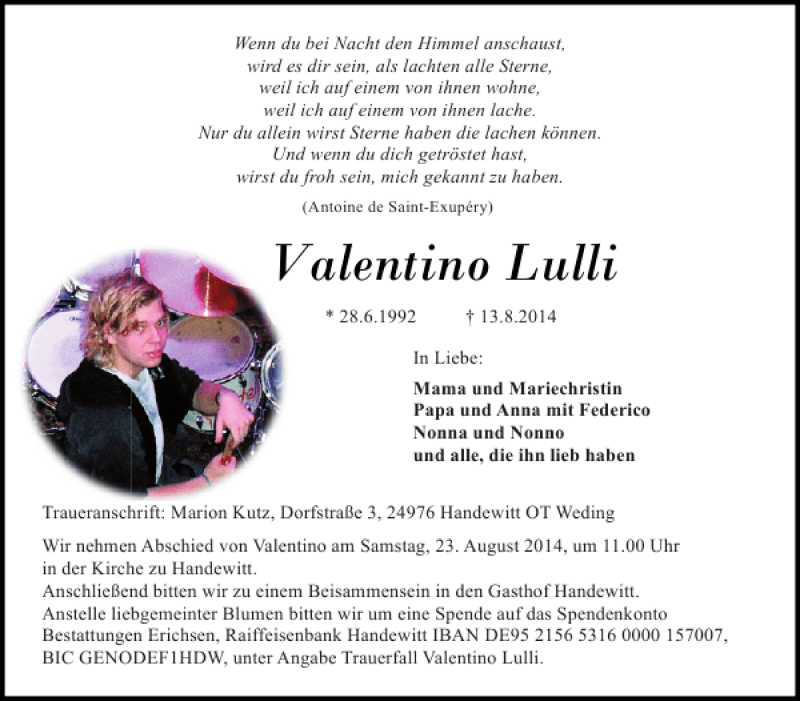  Traueranzeige für Valentino Lulli vom 22.08.2014 aus Flensburger Tageblatt