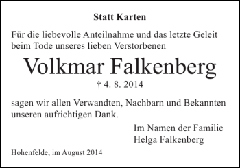 Traueranzeige von Volkmar Falkenberg von Norddeutsche Rundschau