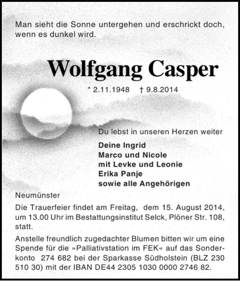  Traueranzeige für Wolfgang Casper vom 12.08.2014 aus Holsteinischer Courier