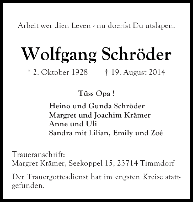  Traueranzeige für Wolfgang Schröder vom 28.08.2014 aus Ostholsteiner Anzeiger