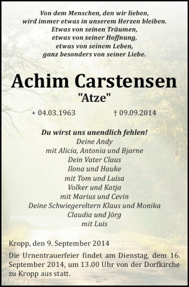  Traueranzeige für Achim Carstensen vom 13.09.2014 aus Landeszeitung