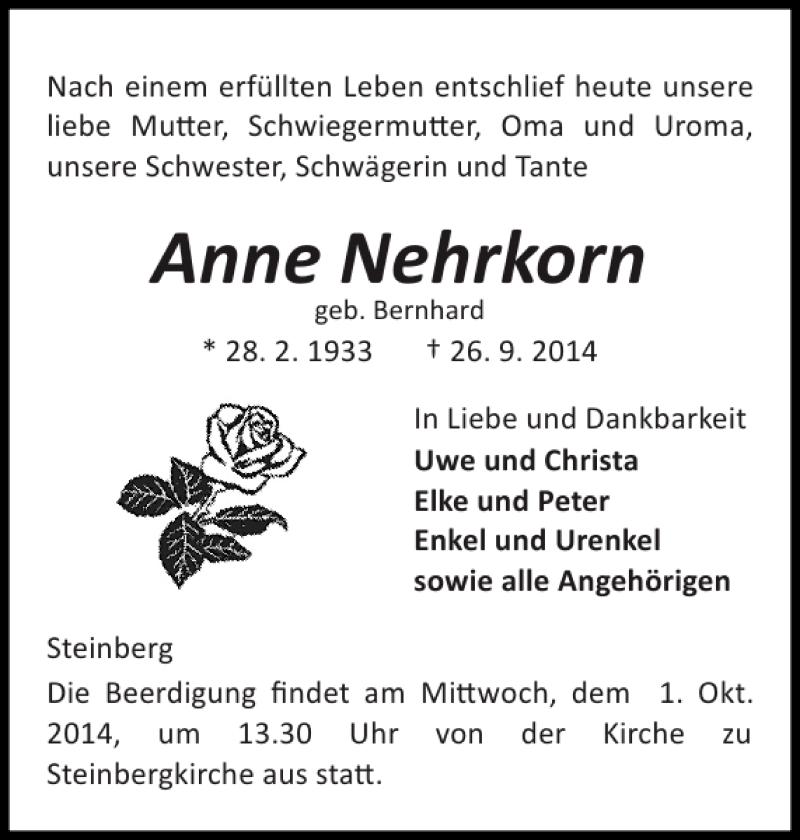  Traueranzeige für Anne Nehrkorn vom 29.09.2014 aus Flensburger Tageblatt