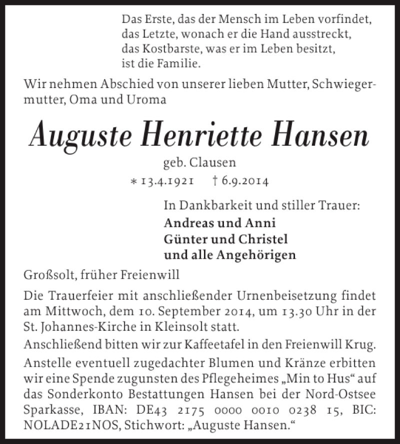 Traueranzeige für Auguste Henriette Hansen vom 08.09.2014 aus Flensburger Tageblatt