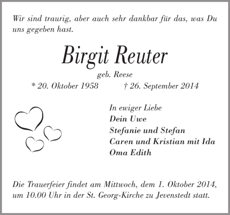  Traueranzeige für Birgit Reuter vom 29.09.2014 aus Landeszeitung