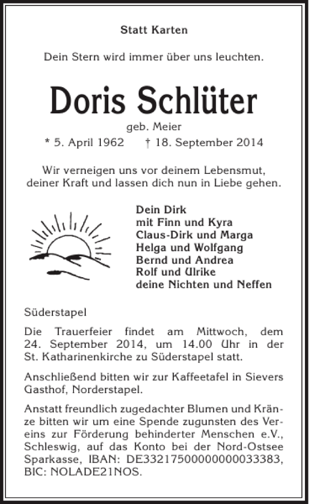  Traueranzeige für Doris Schlüter vom 20.09.2014 aus Husumer Nachrichten