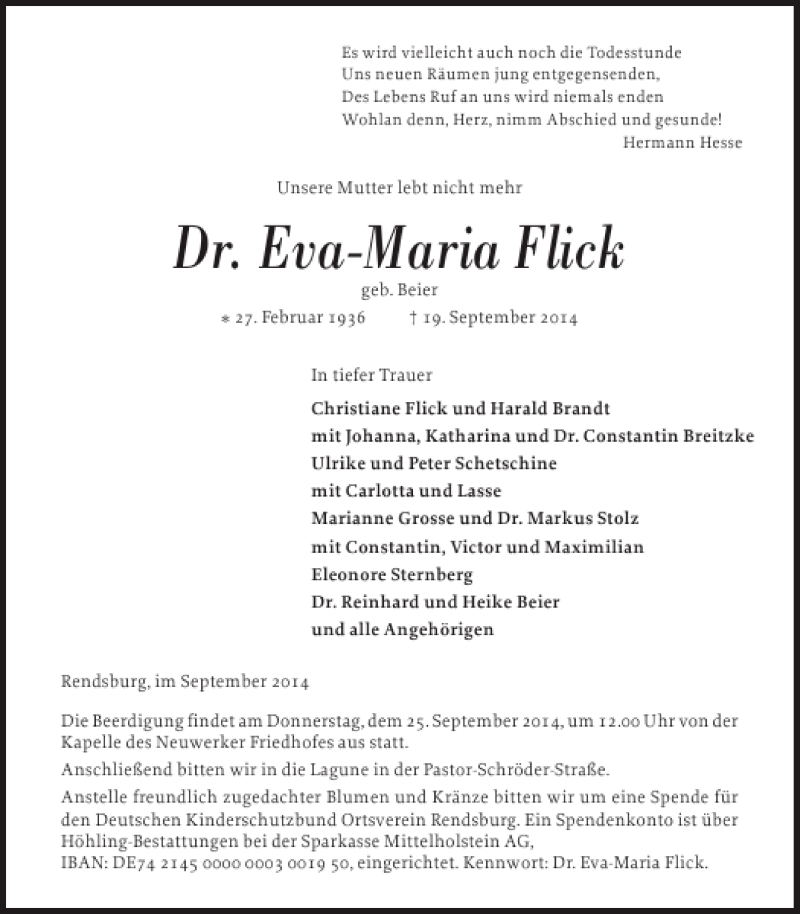  Traueranzeige für Dr. Eva-Maria Flick vom 23.09.2014 aus Landeszeitung