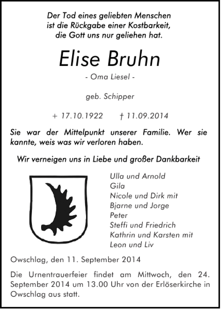  Traueranzeige für Elise Bruhn vom 18.09.2014 aus Landeszeitung