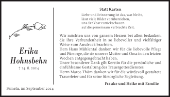 Traueranzeige von Erika Hohnsbehn von Landeszeitung