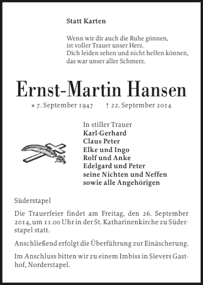  Traueranzeige für Ernst-Martin Hansen vom 24.09.2014 aus Husumer Nachrichten