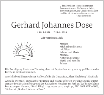 Traueranzeige von Gerhard Johannes Dose von Flensburger Tageblatt