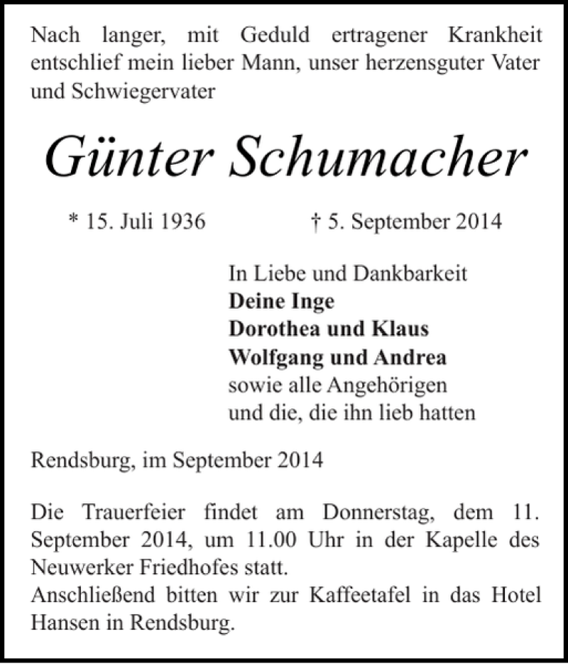  Traueranzeige für Günter Schumacher vom 08.09.2014 aus Landeszeitung