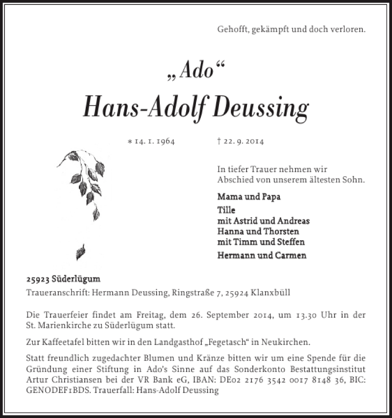  Traueranzeige für Hans-Adolf Deussing vom 24.09.2014 aus Nordfriesland Tageblatt