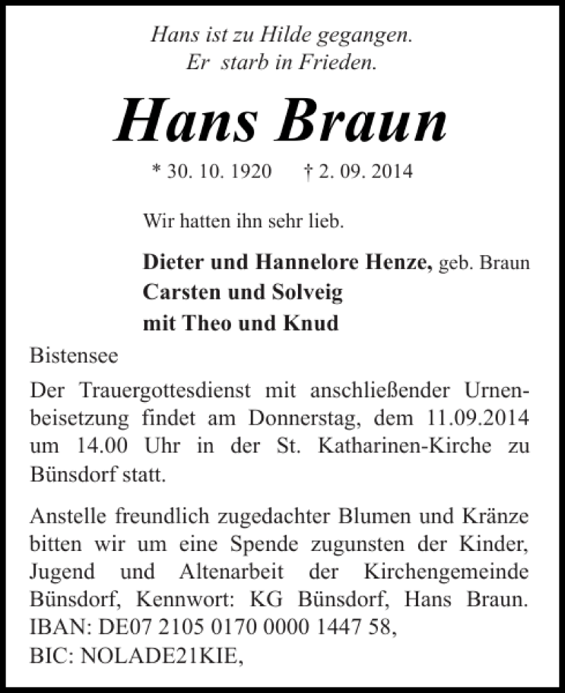  Traueranzeige für Hans Braun vom 06.09.2014 aus Eckernförder Zeitung