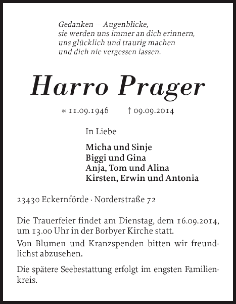  Traueranzeige für Harro Prager vom 13.09.2014 aus Eckernförder Zeitung