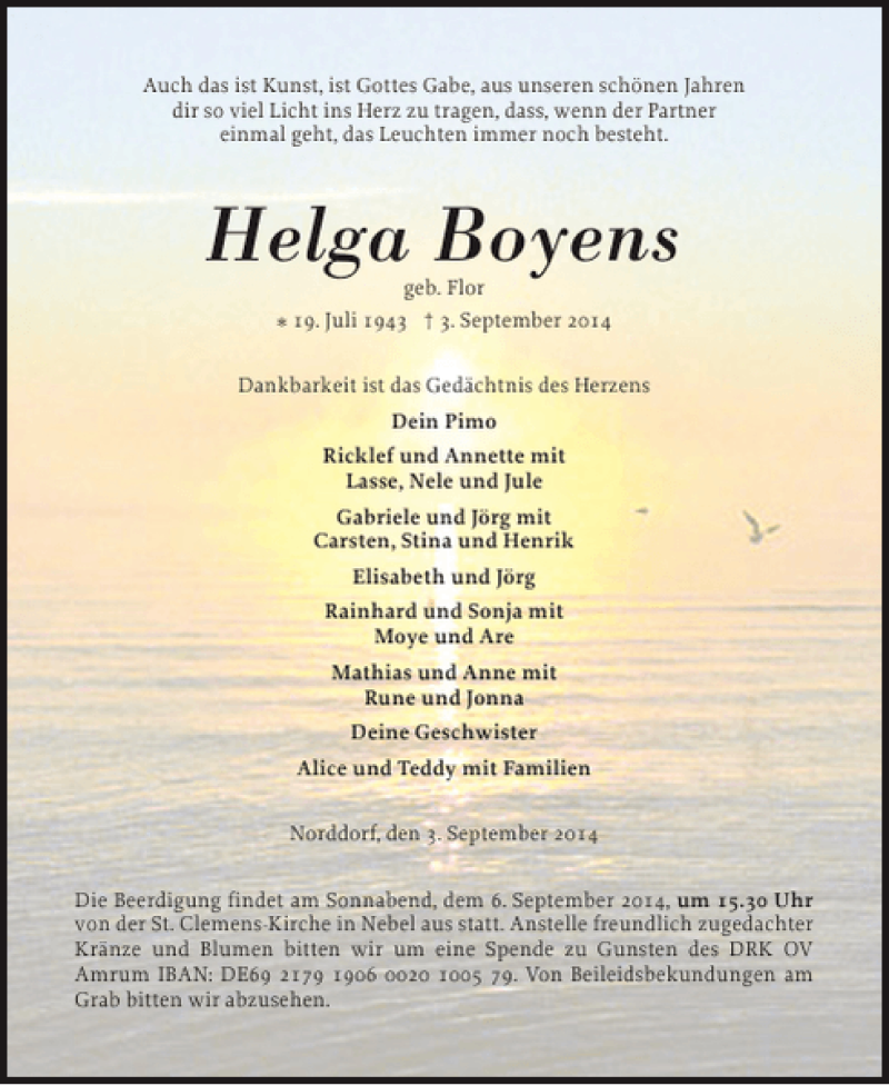  Traueranzeige für Helga Boyens vom 05.09.2014 aus Der Insel-Bote