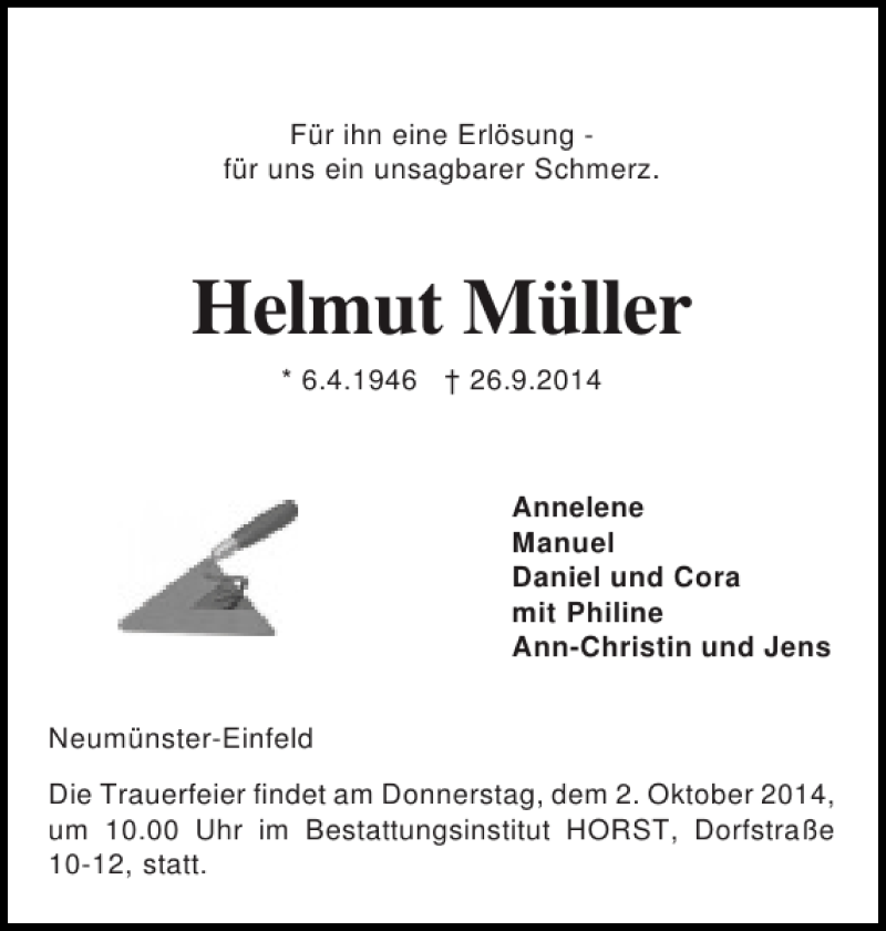 Traueranzeige für Helmut Müller vom 29.09.2014 aus Holsteinischer Courier