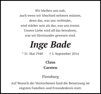 Traueranzeige von Inge Bade von Flensburger Tageblatt