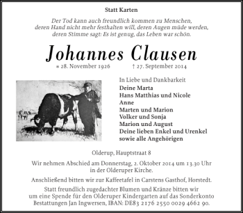 Traueranzeige von Johannes Clausen von Husumer Nachrichten