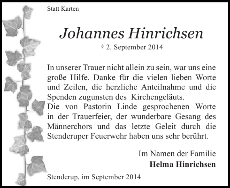  Traueranzeige für Johannes Hinrichsen vom 19.09.2014 aus Flensburger Tageblatt