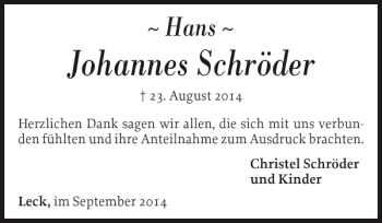 Traueranzeige von Johannes Schröder von Nordfriesland Tageblatt