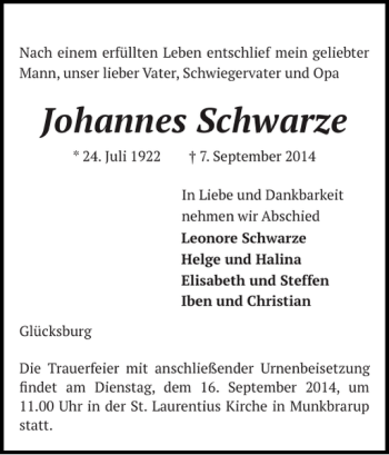 Traueranzeige von Johannes Schwarze von Flensburger Tageblatt