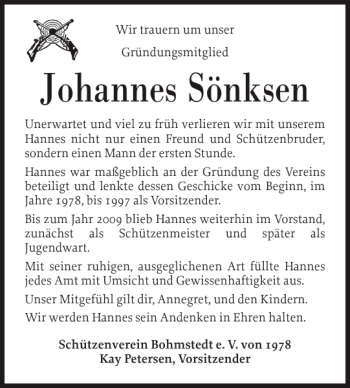 Traueranzeige von Johannes Sönksen von Husumer Nachrichten