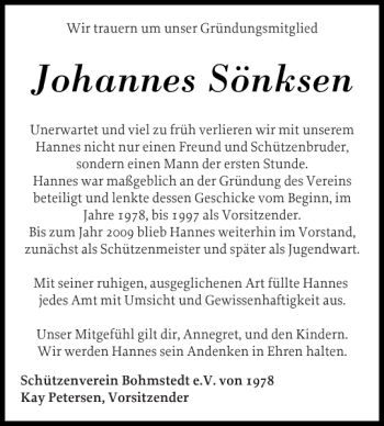 Traueranzeige von Johannes Sönksen von Husumer Nachrichten