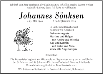 Traueranzeige von Johannes Sönksen von Husumer Nachrichten