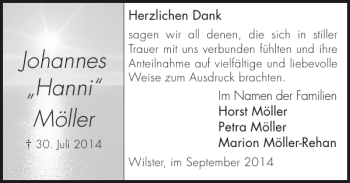 Traueranzeige von Johannes Hanni Möller von Norddeutsche Rundschau