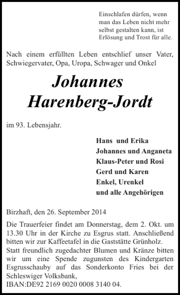  Traueranzeige für JohannesHarenberg-Jordt  vom 29.09.2014 aus Flensburger Tageblatt