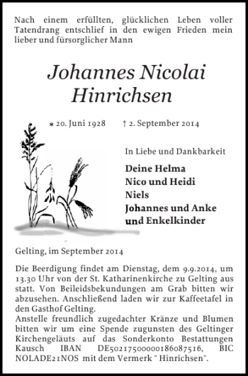 Traueranzeige von Johannes Nicolai Hinrichsen von Flensburger Tageblatt