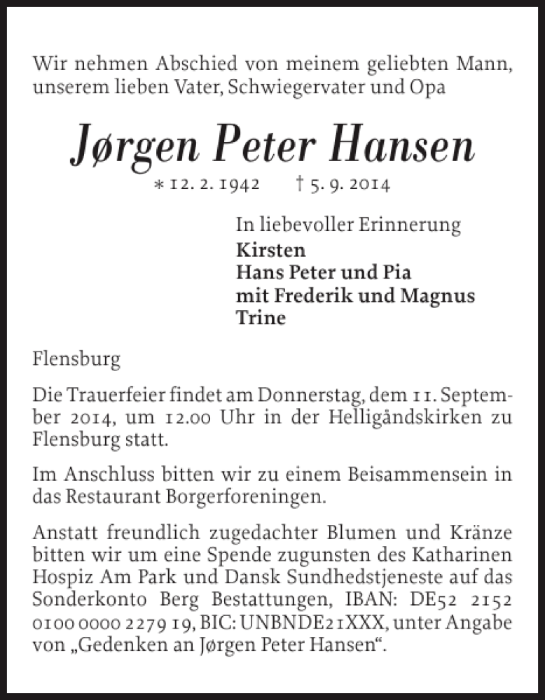  Traueranzeige für Jørgen Peter Hansen vom 08.09.2014 aus Flensburger Tageblatt