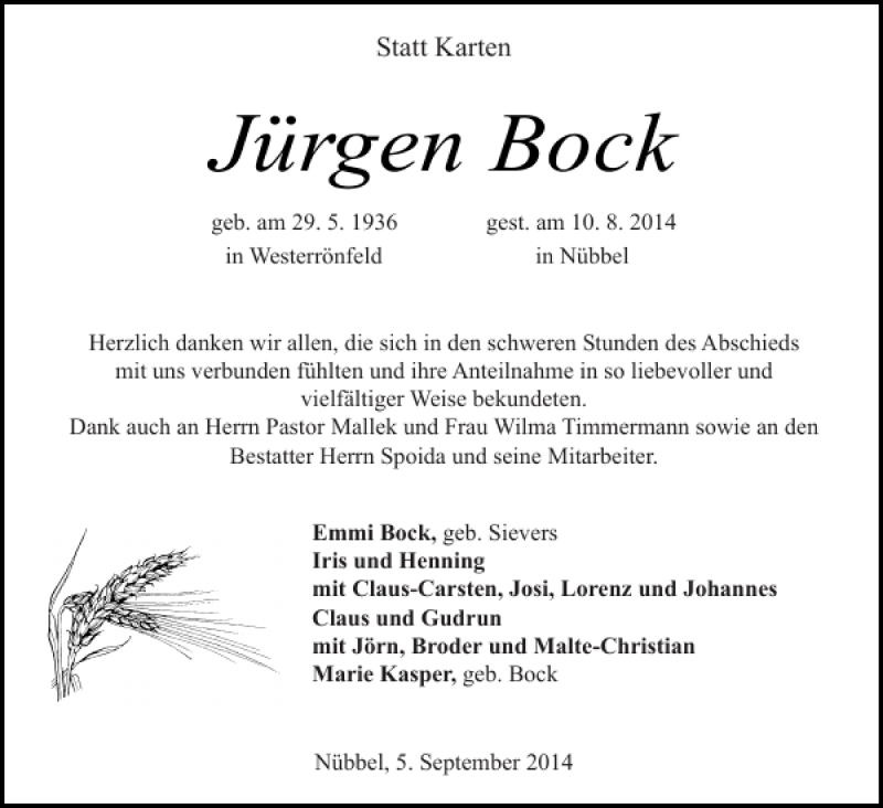  Traueranzeige für Jürgen Bock vom 05.09.2014 aus Landeszeitung