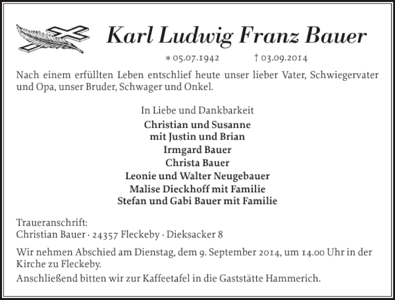  Traueranzeige für Karl Ludwig Franz Bauer vom 06.09.2014 aus Eckernförder Zeitung