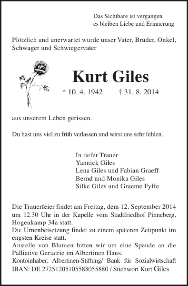  Traueranzeige für Kurt Giles vom 06.09.2014 aus Pinneberger Tageblatt