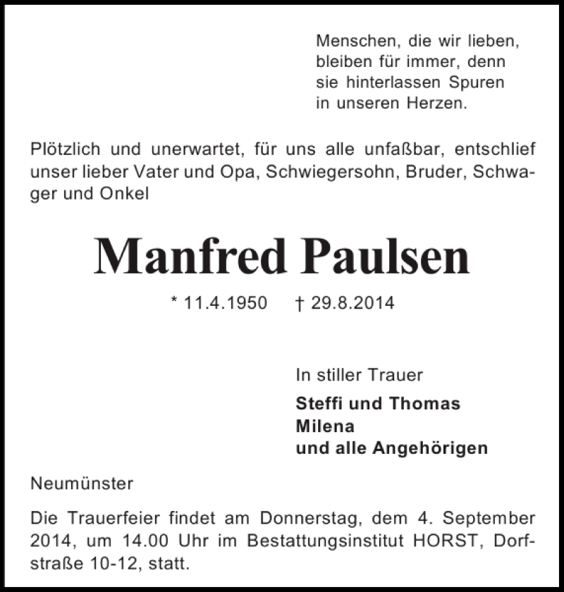  Traueranzeige für Manfred Paulsen vom 02.09.2014 aus Holsteinischer Courier