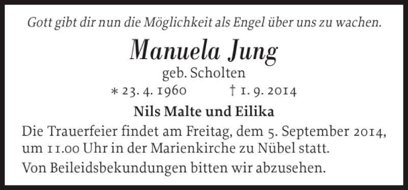  Traueranzeige für Manuela Jung vom 03.09.2014 aus Schleswiger Nachrichten